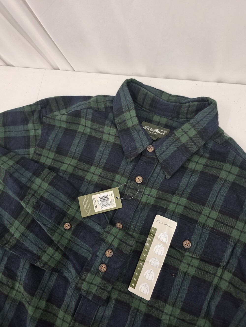 NWT Eddie Bauer Blue Green Tartan Plaid‎ Flannel Shirt Cotton SU7059 Men's XL.